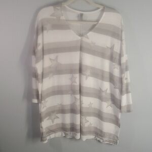 HONEYME V-Neck Tunic Top Womens Size XXL HONEYME CURVY Grey White stars Stripes